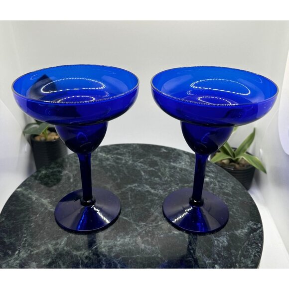 Vintage Pier 1 Cobalt Blue Glass Margarita Cocktail Goblets Set Of 2 - Picture 7 of 15